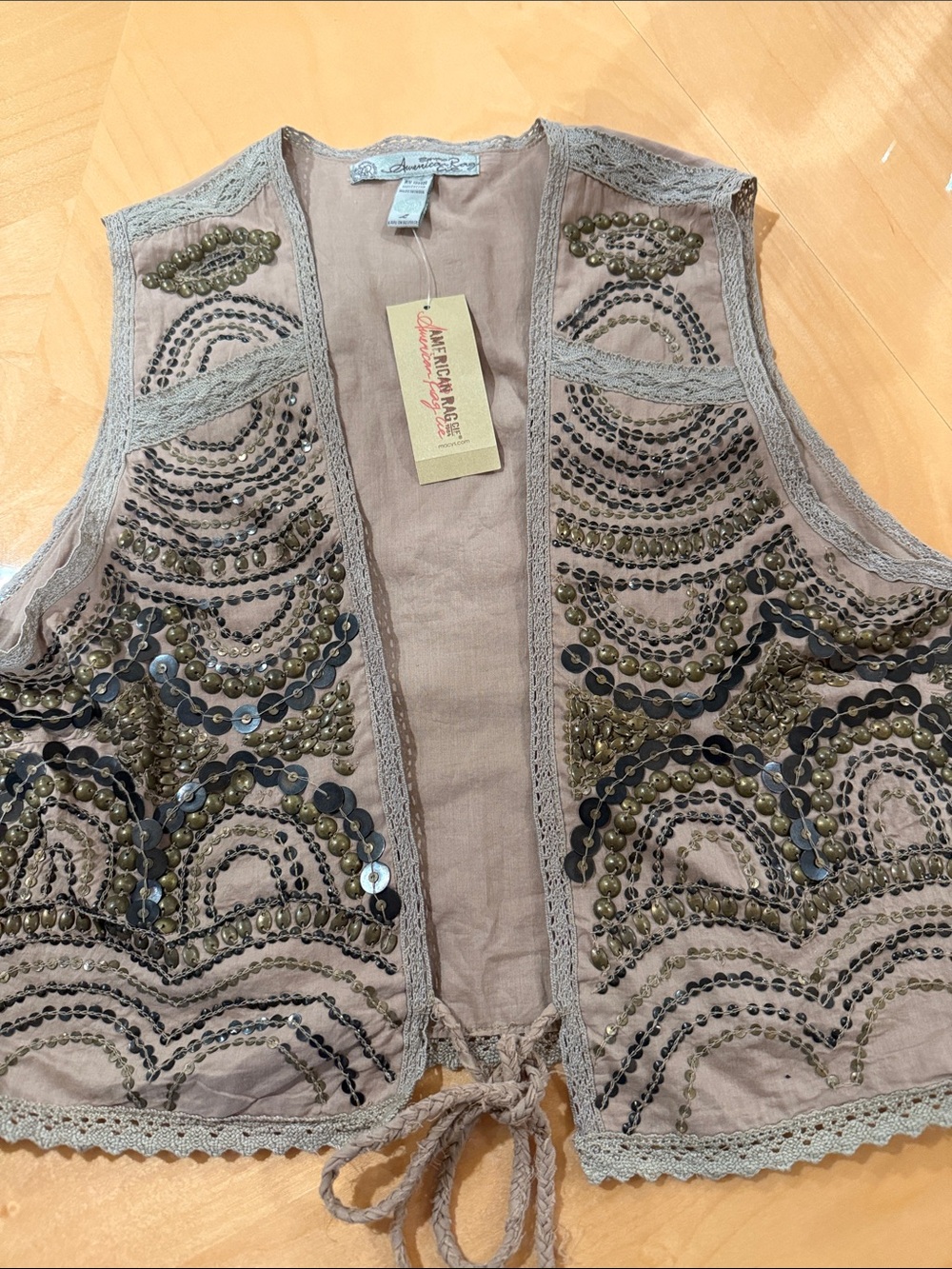 American Rag Taupe Beaded Tie-Front Vest